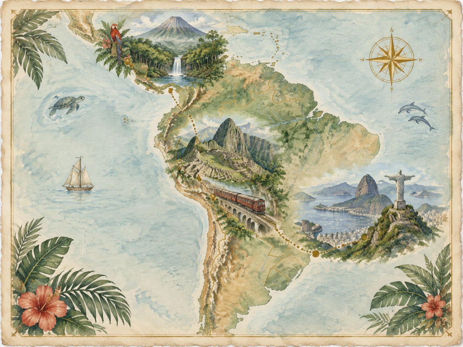 Carte aquarellée de notre futur voyage en Amérique latine